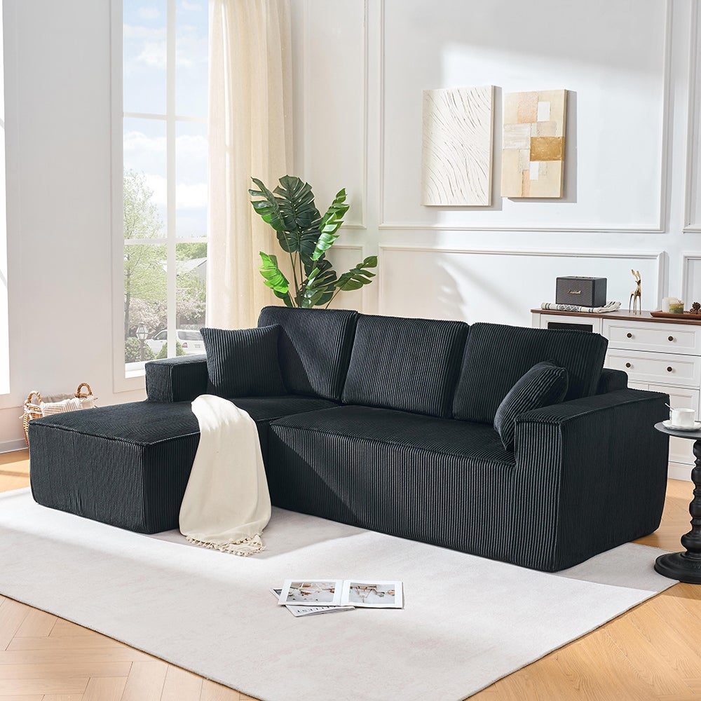 Canapé d'angle en L en velours côtelé compressé,2 places + coin chaise longue,noir,modulaire avec rembourrage en mousse haute densité - 7