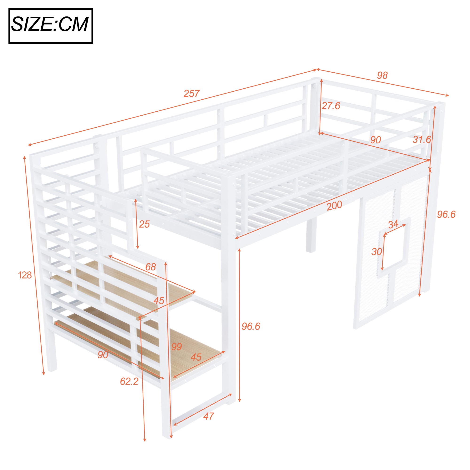 Metalowe łóżko piętrowe 90 x 200 cm - ze schodkami do przechowywania - z oświetleniem LED - z oknem - białe (materac nie jest wliczony w cenę) - 6