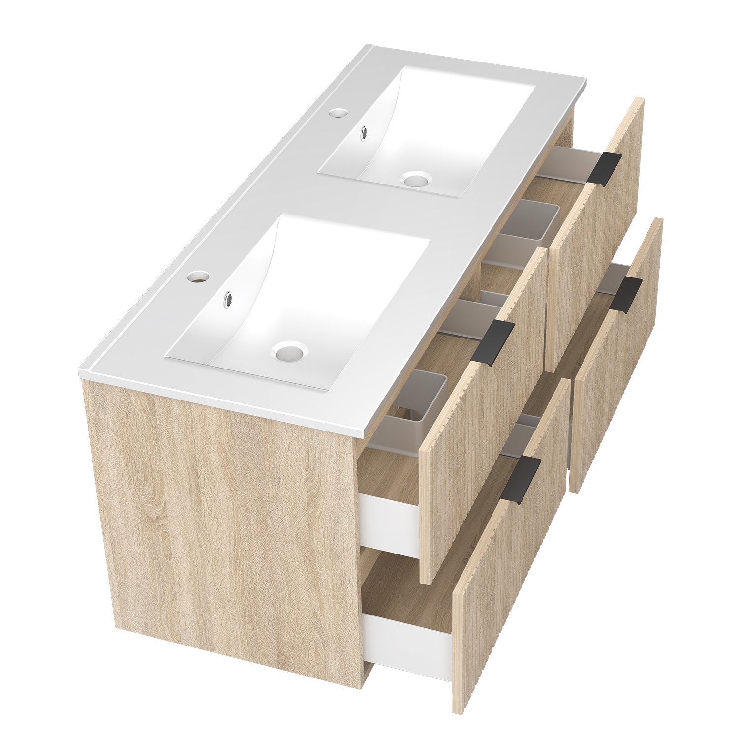 AICA Meuble de salle de bain mural 120 cm Chêne - 4 tiroirs + Lavabo double en céramique - 2