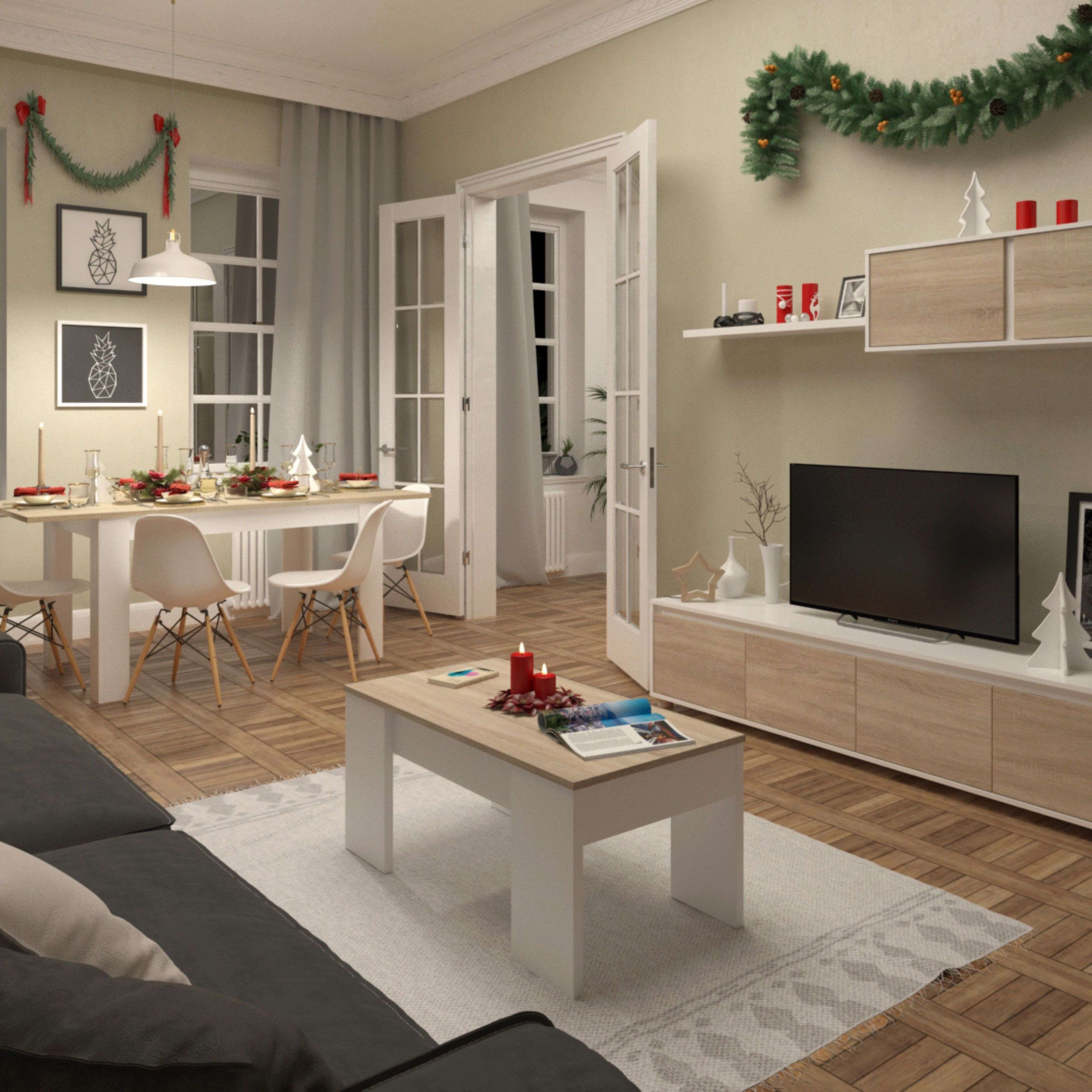 Table basse GOTHAM avec plateau relevable et rangement - Blanc / Bois - 8