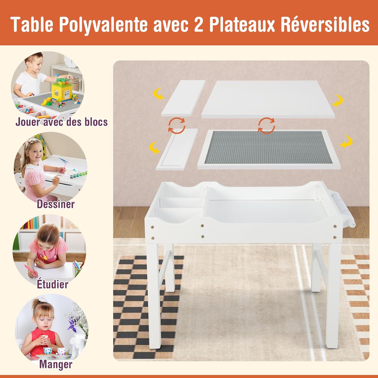 Tavolo da Gioco per Bambini in Legno con Piano Reversibile, Tavolo Multiattività Bambini 2 in 1, Porta Rotolo di Carta da Disegno, per Camera - 2