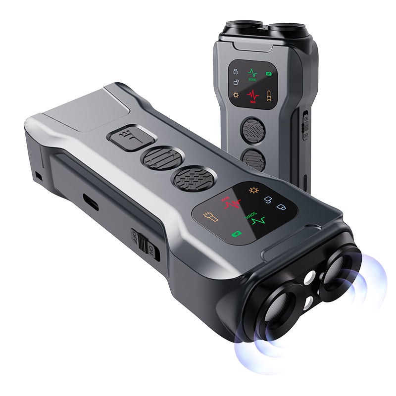 Repelente de perros,dispositivo portátil ultrasónico de doble cabezal con función de linterna, antimordeduras y antiladridos, color negro. - 2