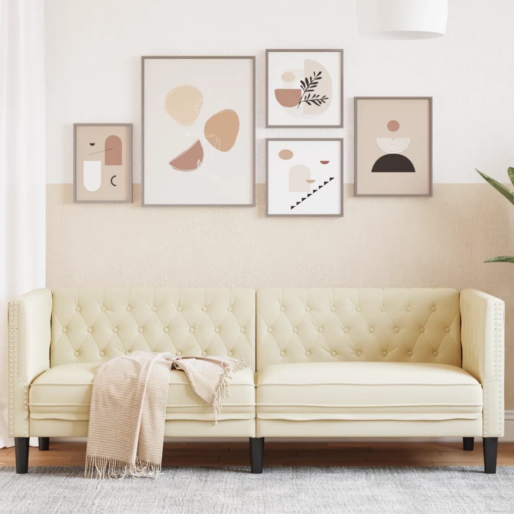 Sofá chesterfield de 3 plazas en piel sintética color crema