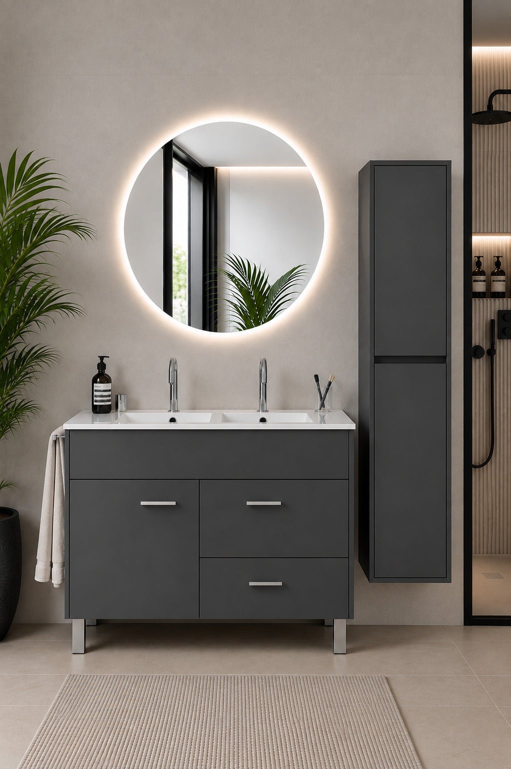 Mobilier de baie cu lavoar ORIGENBATH SAMOS fără oglindă 120x45 cm dublu grafito cu coloană