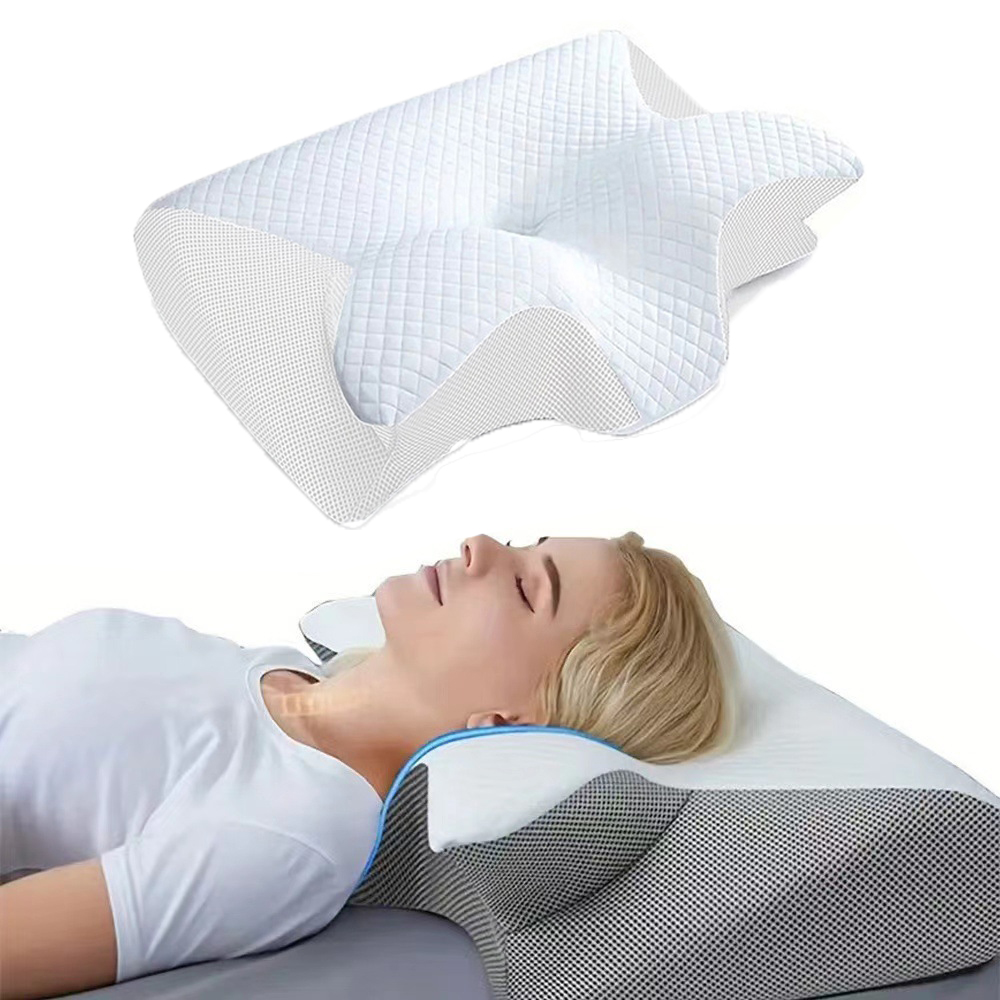 Almohada de cuerno de mariposa, almohada de soporte cervical, almohada de espuma viscoelástica, núcleo y funda, blanca