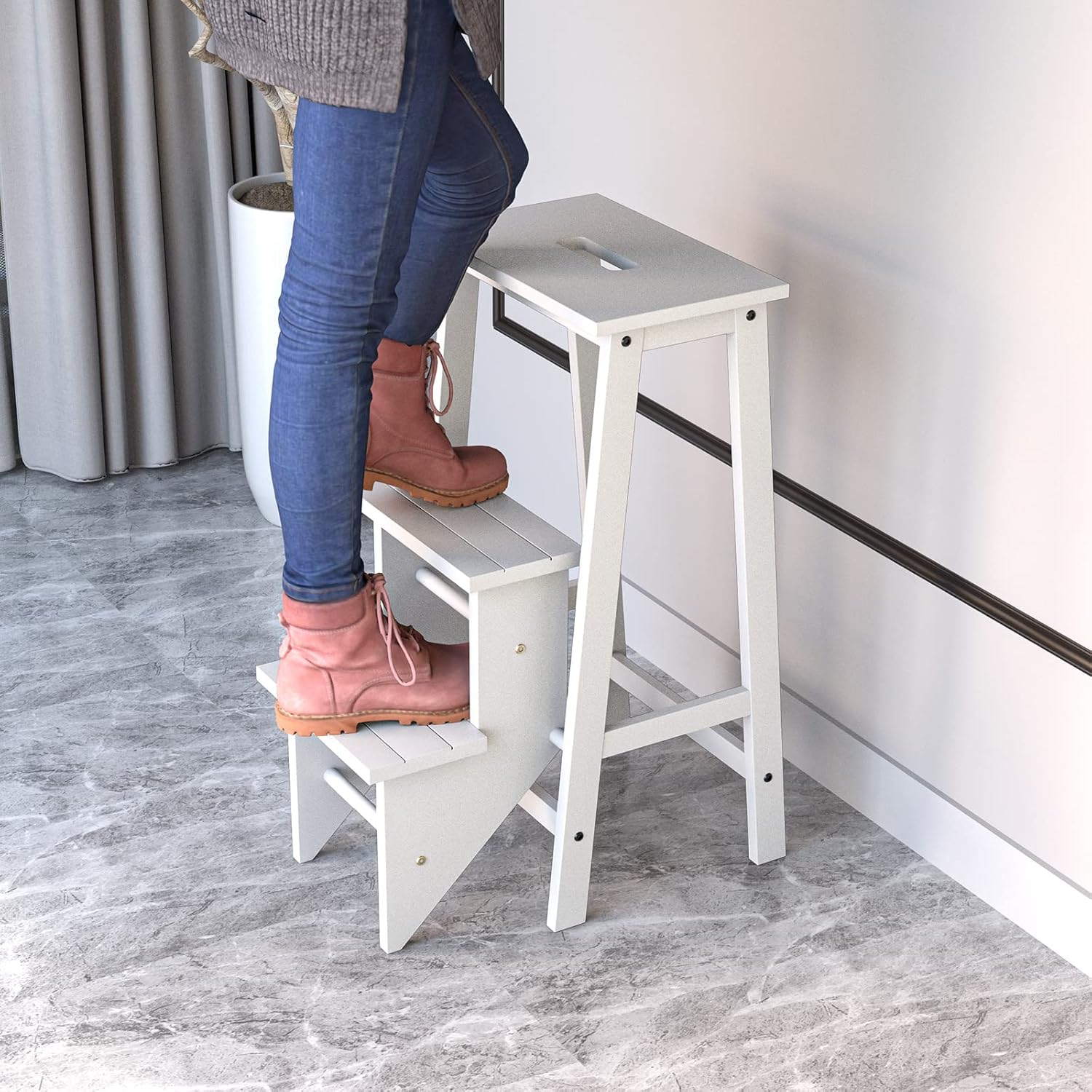 Tabouret Escabeau Pliable 3 Marches, Escabeau Marchepied en Bois Massif, Tabouret d'Échelle Multifonctionnel, avec Marches Réversibles (Blanc) - 8