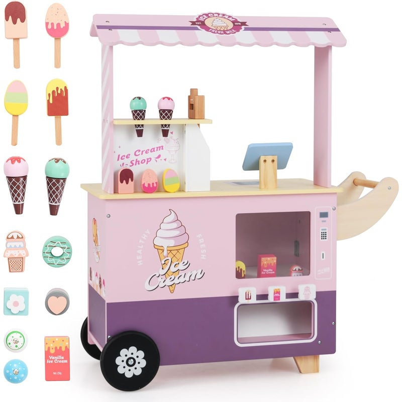 Wózek z Lodami dla Dzieci, Zabawka z Lodami dla Dzieci na Kółkach, Akcesoria, Zabawa w Naśladowanie, dla Dzieci Powyżej 3 Lat (Różowy)