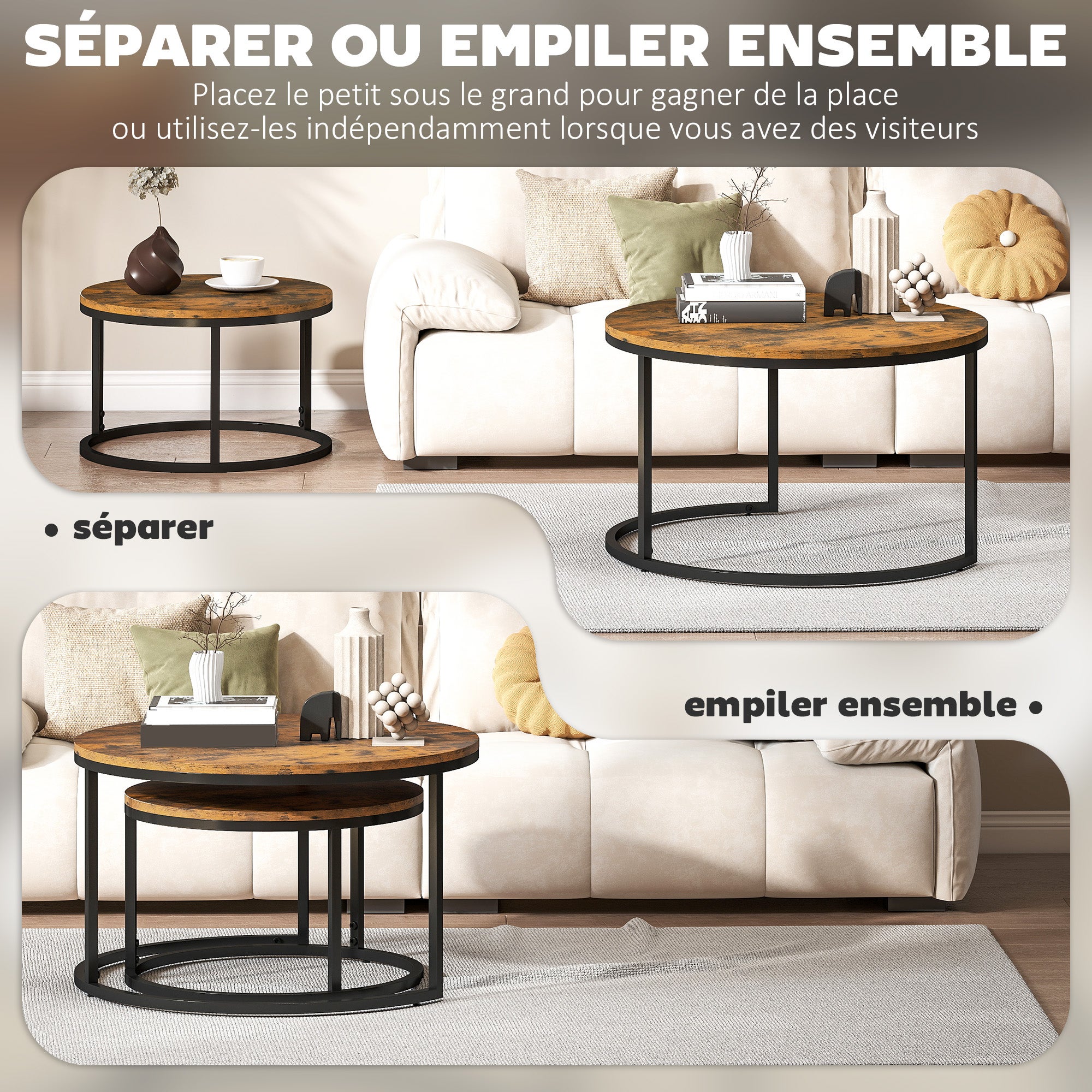 Lot de 2 tables basses gigognes empilable design industriel plateau imitation ciment pieds en métal brun rustique - 7