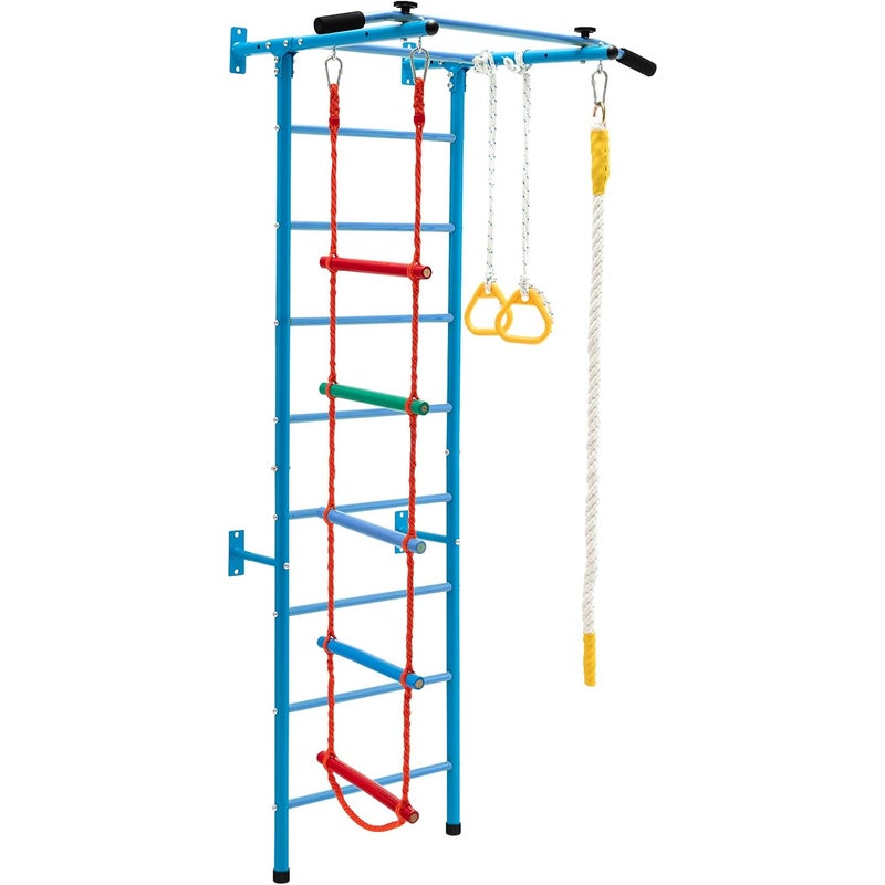 Zestaw do Wspinaczki 5 w 1 z Pierścieniami Gimnastycznymi, Drabinką Szwedzką i Liną, Wielofunkcyjny, Stalowy, dla Dzieci Powyżej 3 Lat (Niebieski)