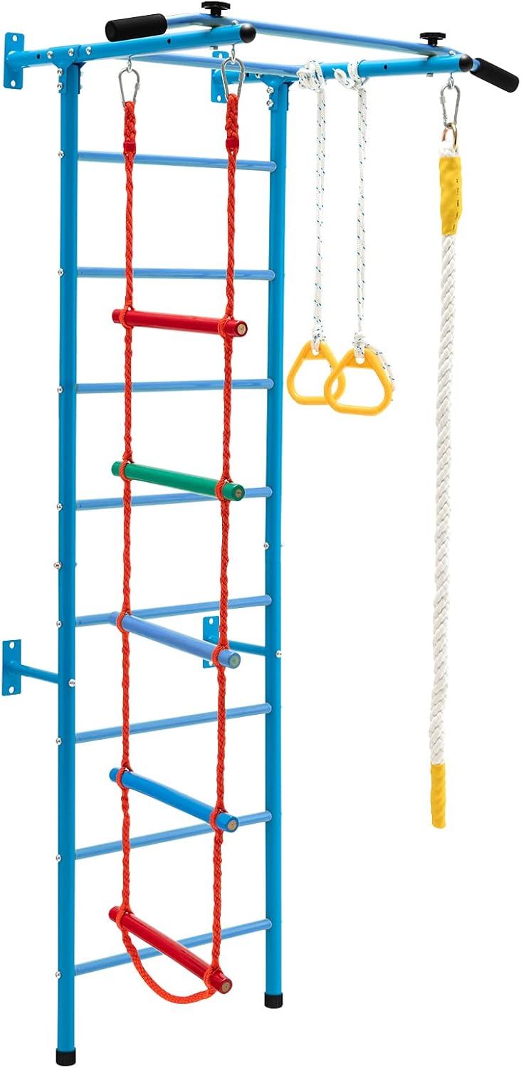 Zestaw do Wspinaczki 5 w 1 z Pierścieniami Gimnastycznymi, Drabinką Szwedzką i Liną, Wielofunkcyjny, Stalowy, dla Dzieci Powyżej 3 Lat (Niebieski)