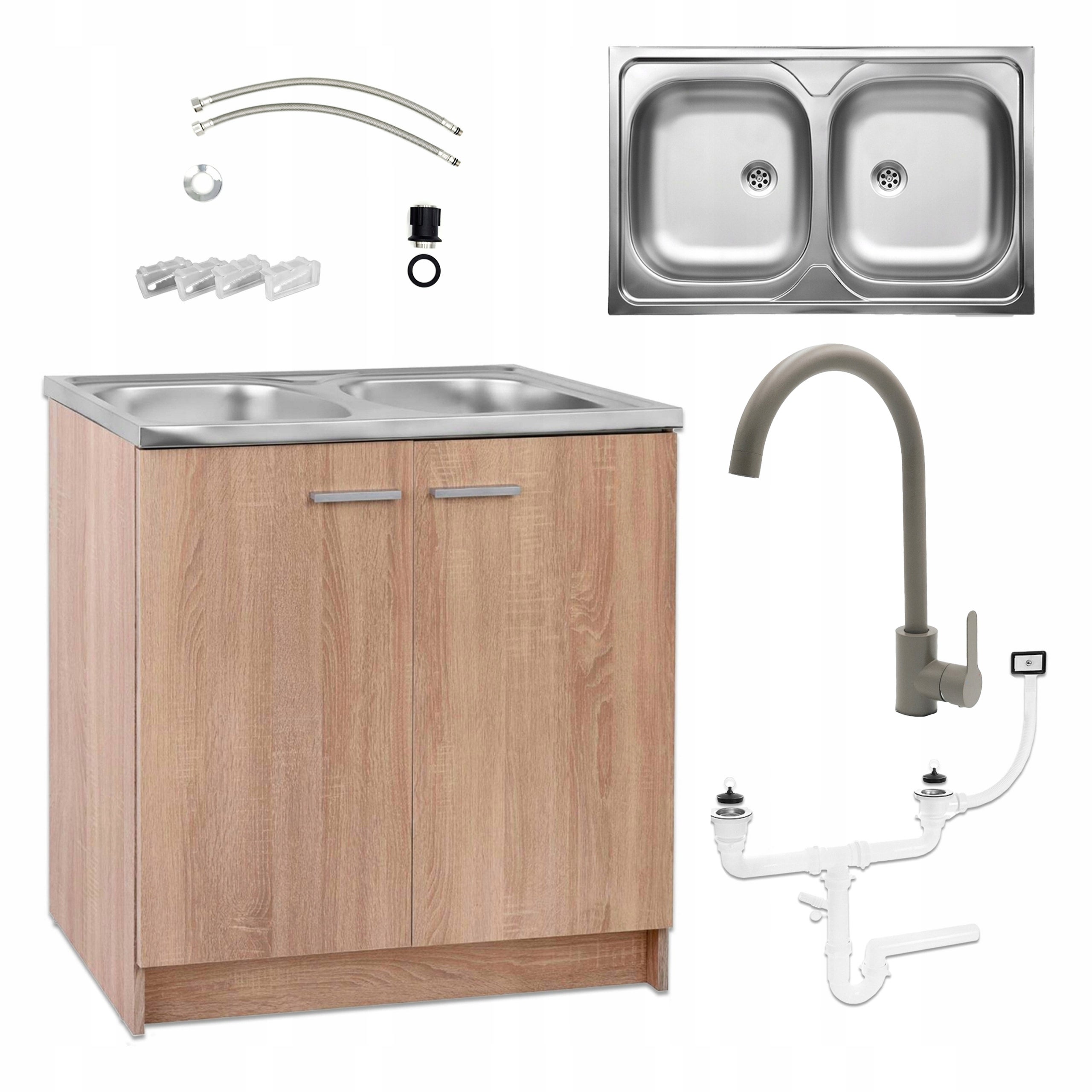 Szafka Kuchenna Dąb Sonoma 80 x 50 Zlew 2 Komory Bateria Wysoka Oliwka Syfon
