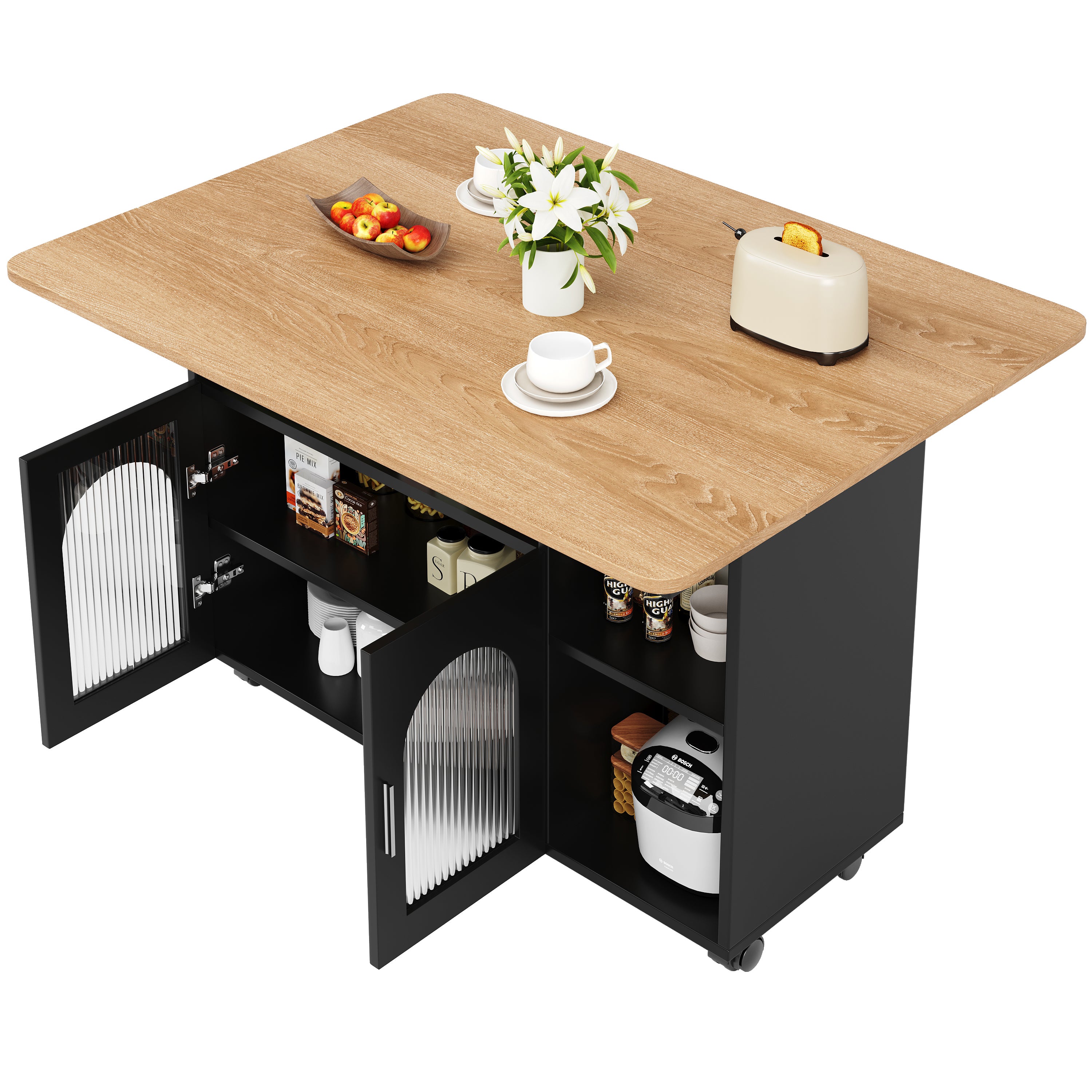 Ilot central de cuisine mobile avec 2 portes et étagères ouvertes - Plateau extensible - 120x30(70)x79.5cm - Bois MDF - Noir et naturel - 4