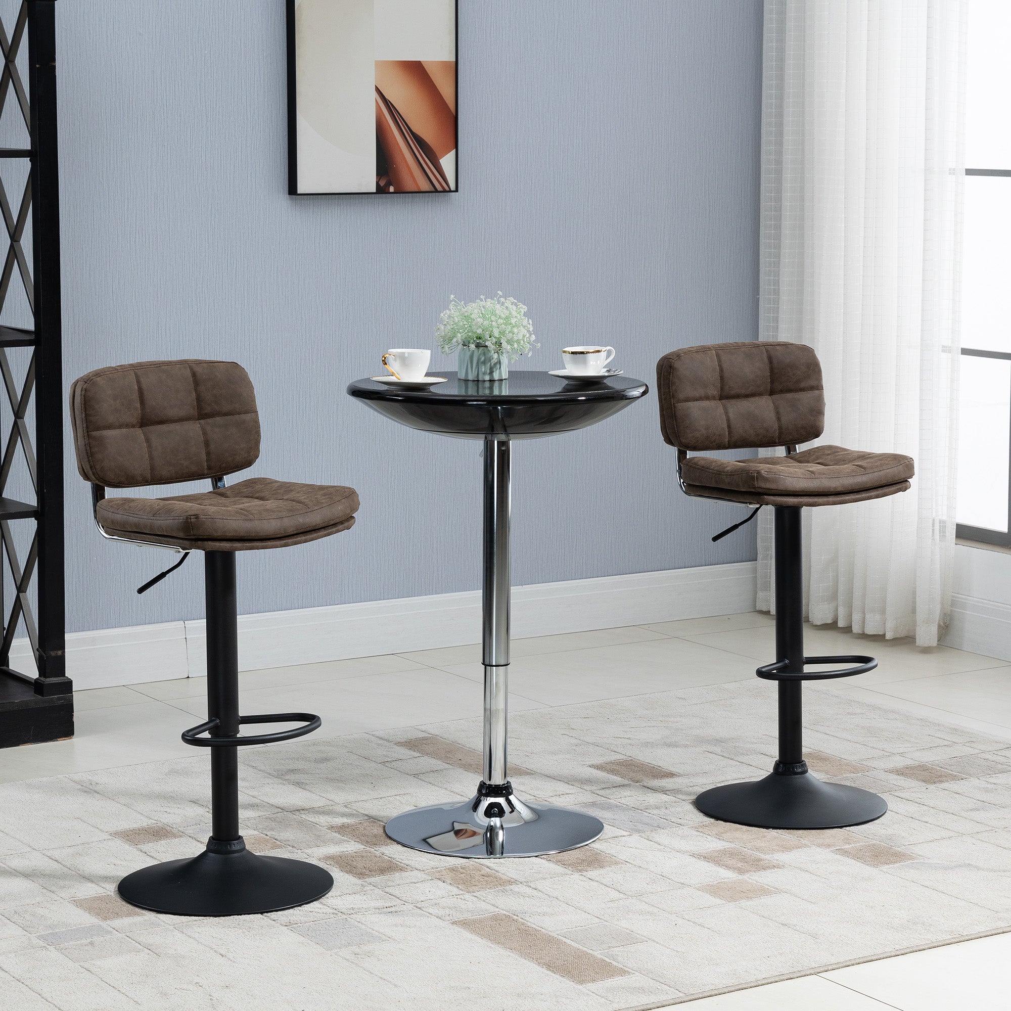 HOMCOM Set 2 Sgabelli da Bar Girevoli con Altezza Regolabile, Rivestimento Similpelle Marrone e Imbottitura, 41.5x45x85-107cm, Nero - 2