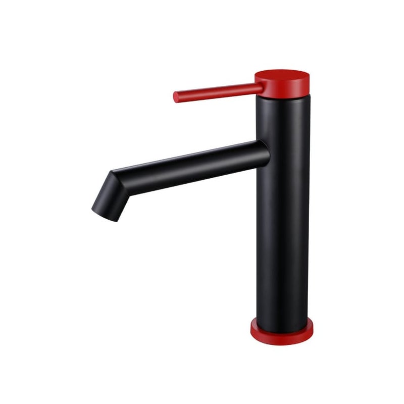 Bateria umywalkowa do łazienki (czerwona), sterowanie ciepłą i zimną wodą, głowica ceramiczna, materiał: stal nierdzewna