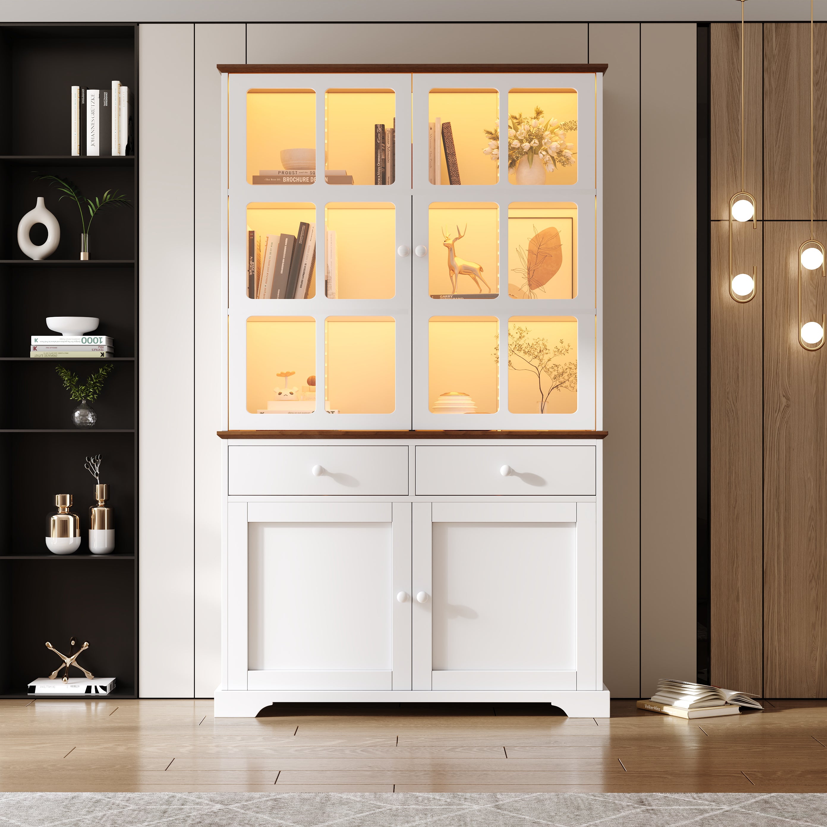 Modernluxe  Vitrina 120X36,5X200 Cm, Con Iluminación Led, 2 Cajones Y 4 Puertas, Mdf, Blanco , Leroy Merlin