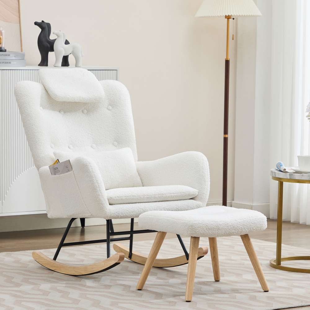 Fauteuil à bascule moderne blanc en tissu teddy avec repose-pieds, chaise de relaxation salon chambre confortable, capacité 100 kg - 2