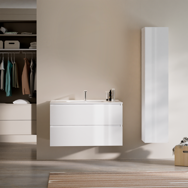 Feel Your Bath, Meuble Salle de Bain 100cm avec Vasque en Céramique Blanc Brillant – Chic, Pratique et Moderne