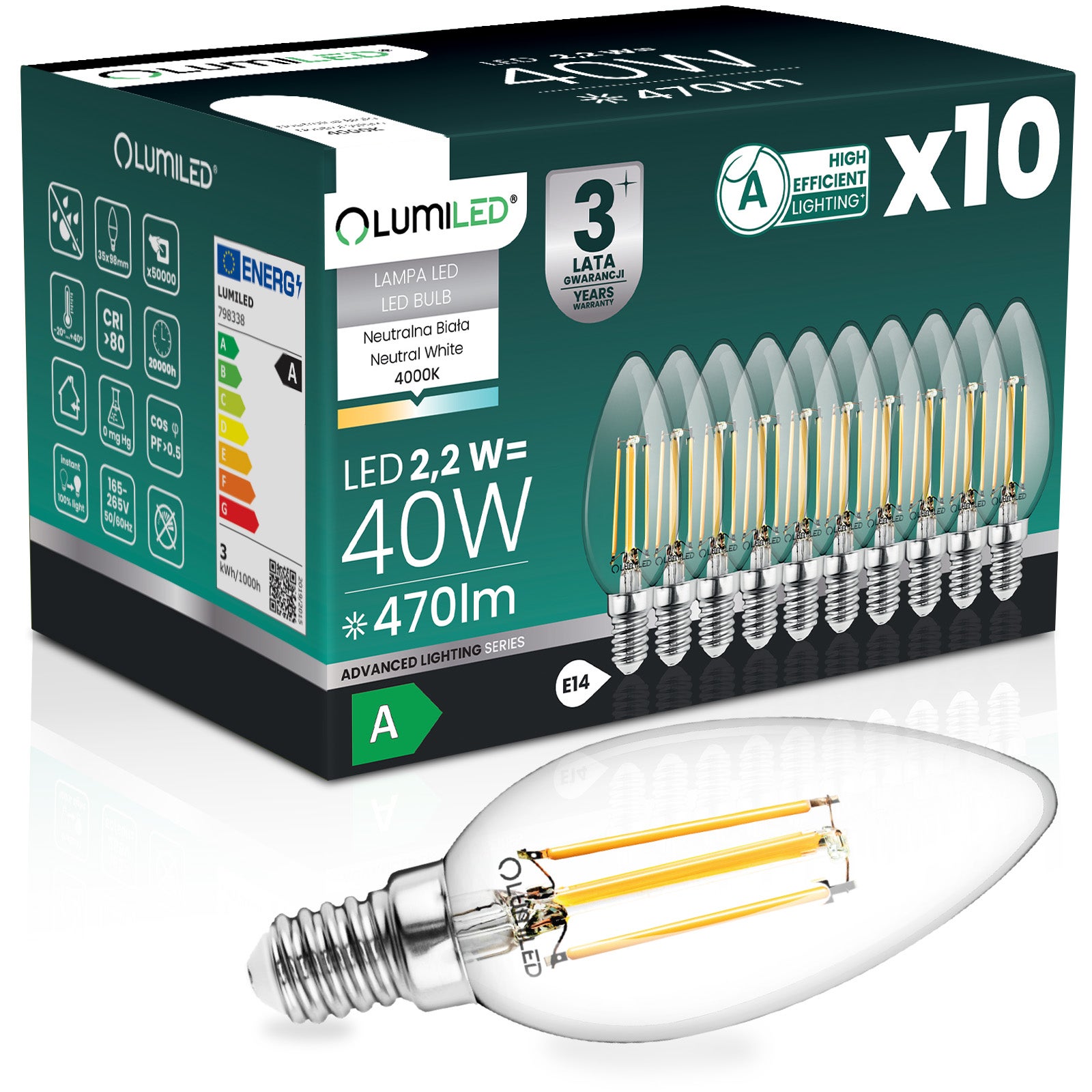 Żarówka LED Lumiled E14 Świeczka B35 2.2W 470lm 4000K Neutralna biel 360st Filament KLASA A 10 szt.