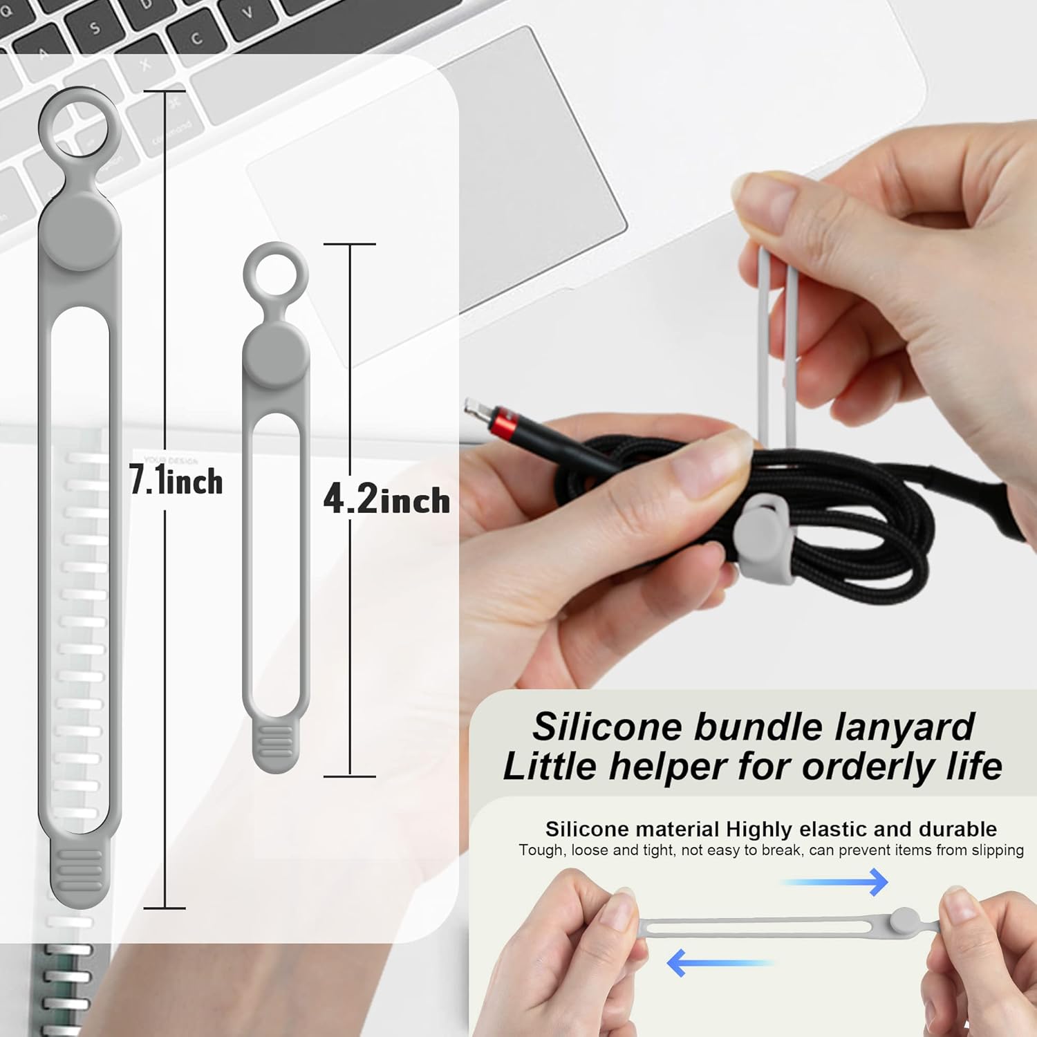 12 silikonowych opasek kablowych (10 cm i 18 cm) – wielokrotnego użytku do zarządzania kablami w domu, biurze, kuchni, szkole i podróży – szare - 2