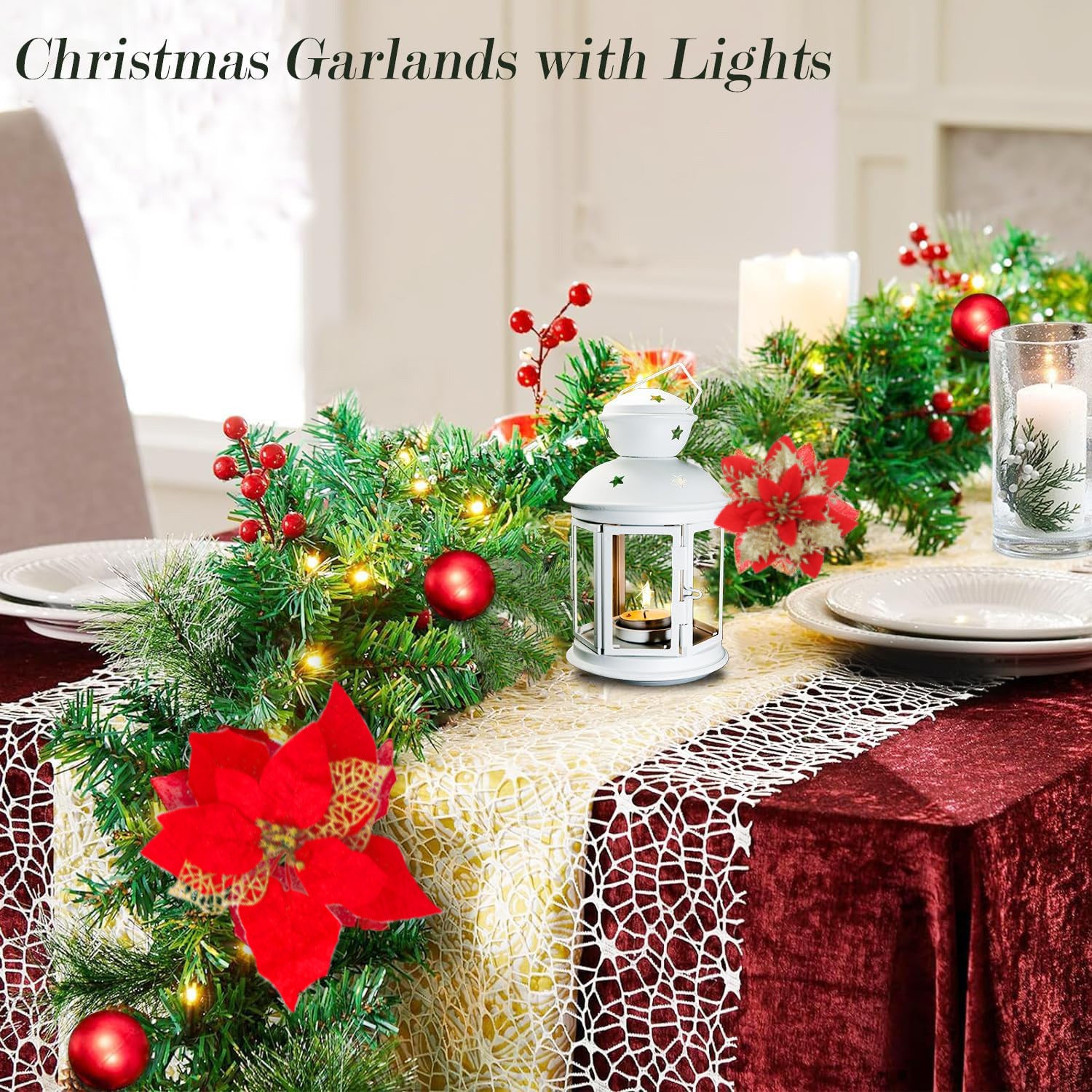 Guirlande de Noël de 270 cm avec lumières LED, décoration de Noël, couronne de Noël artificielle illuminée avec fleurs, décorations pour sapin de Noël - 8