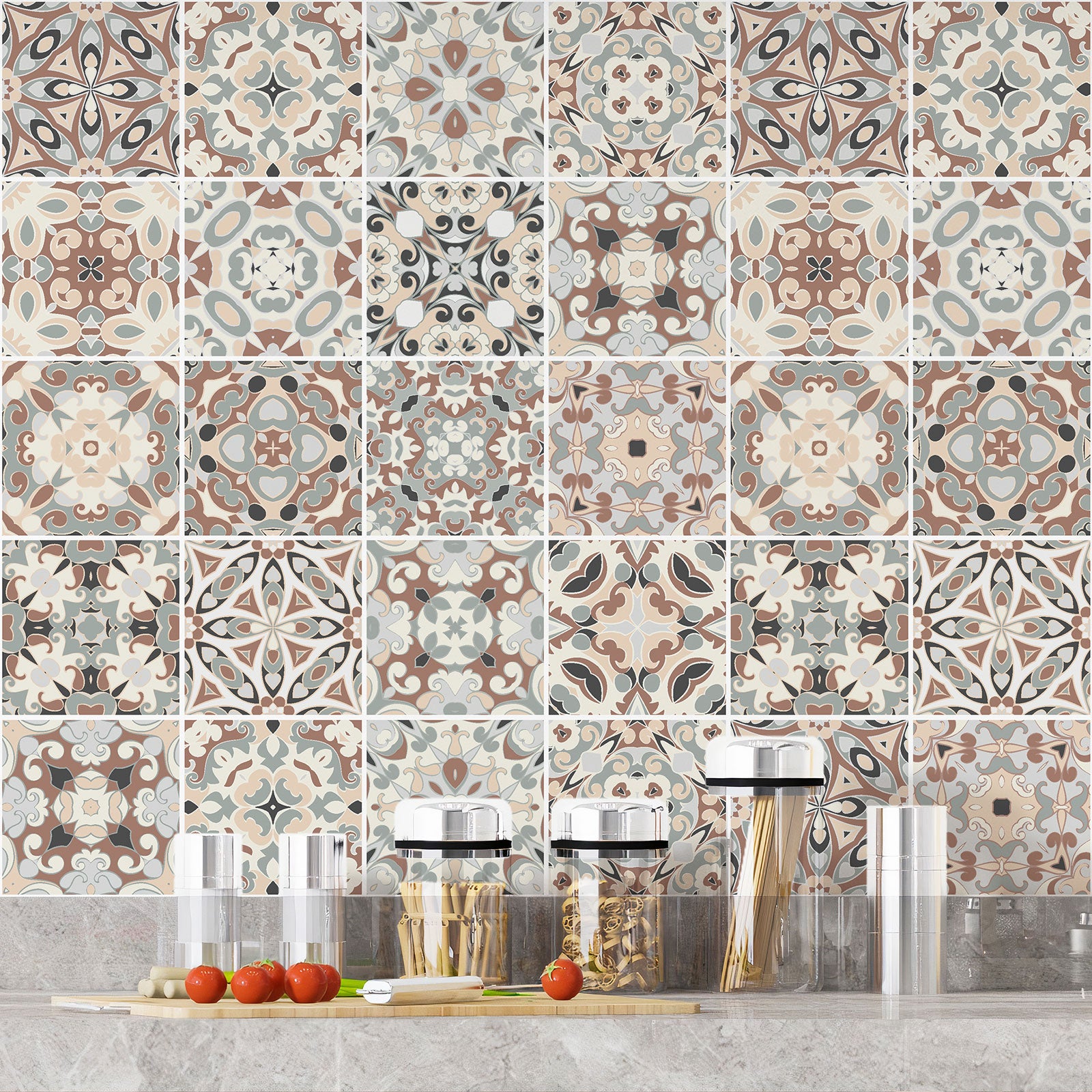 Crédence adhésive sticker décoratif pour cuisine - Effet carreaux de ciment - Adhésif BRILLANT - 60x60 cm - 4