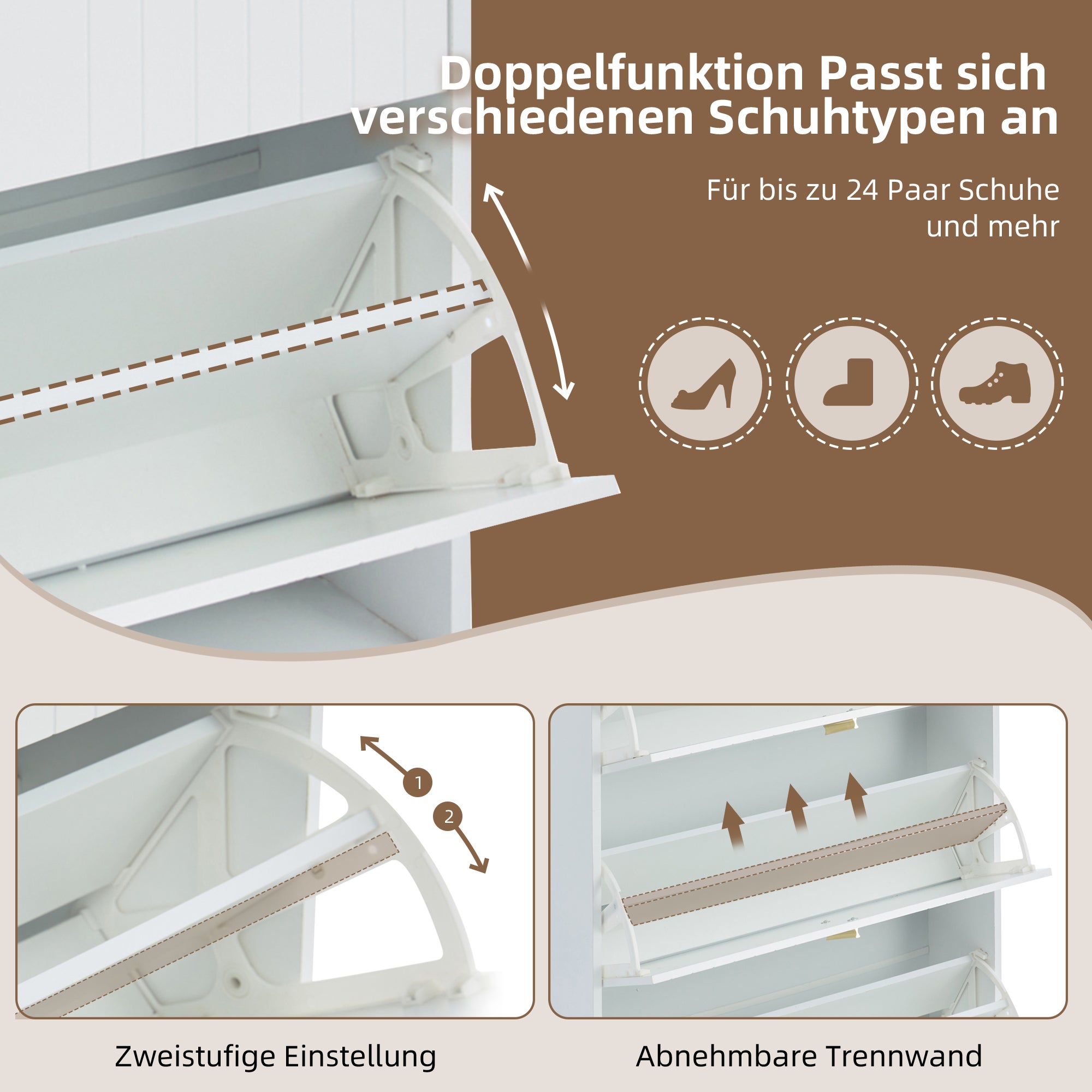 Meuble à chaussures avec 3 compartiments - 80 x 23.5 x 123.5 cm - Dispositif anti-basculement - MDF - Blanc - 7