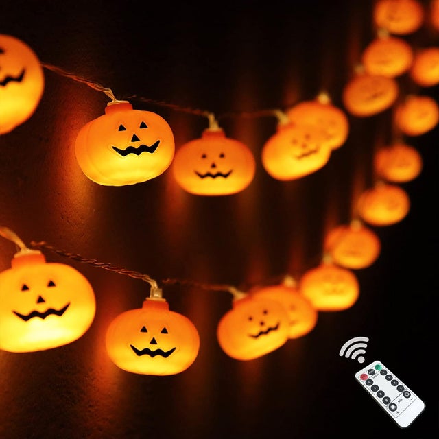 Guirlande Lumineuse Citrouille d'Halloween, 20 LED 2.5M 8 Modes Minuterie 3D Orange Jack-O-Lantern Guirlande Décorative à Piles pour Extérieur