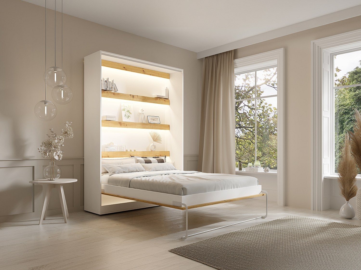 Łóżko chowane w szafie 140 × 200 cm – Otwieranie pionowe manualne – Oświetlenie LED – Białe i naturalne – RAPILI