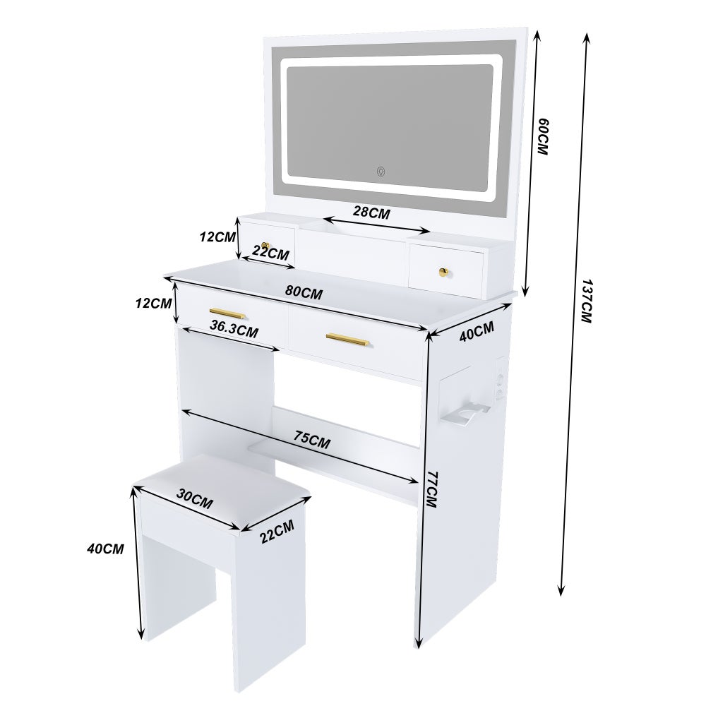 Toeletta con Specchio XXL 75x48 cm, 4 Cassetti, LED Dimmerabile 3 Colori, Sgabello e Supporto Phon - 4