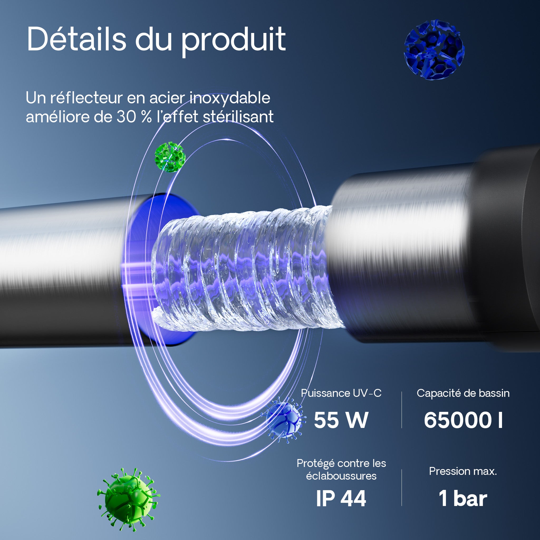 CUV-755 Stérilisateur Clarificateur bassins/étang - débit max. 8000 l/h - avec Lampe rayons UV-C 55 W + Boîtier inox - pour Poissons et… SunSun - 4