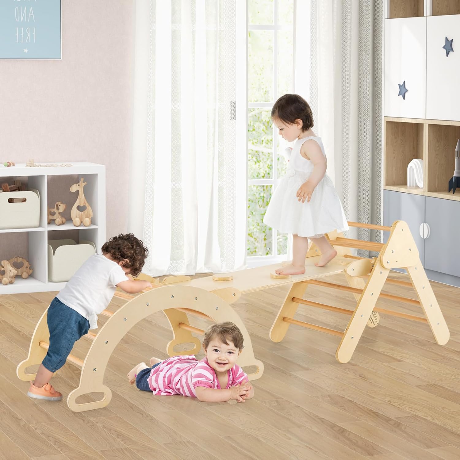 Arco Montessori a triangolo 7 in 1, arco per bambini con scivolo in legno, rampa, scala regolabile, portata 50 KG bambini da 1 anno in su, naturale - 3