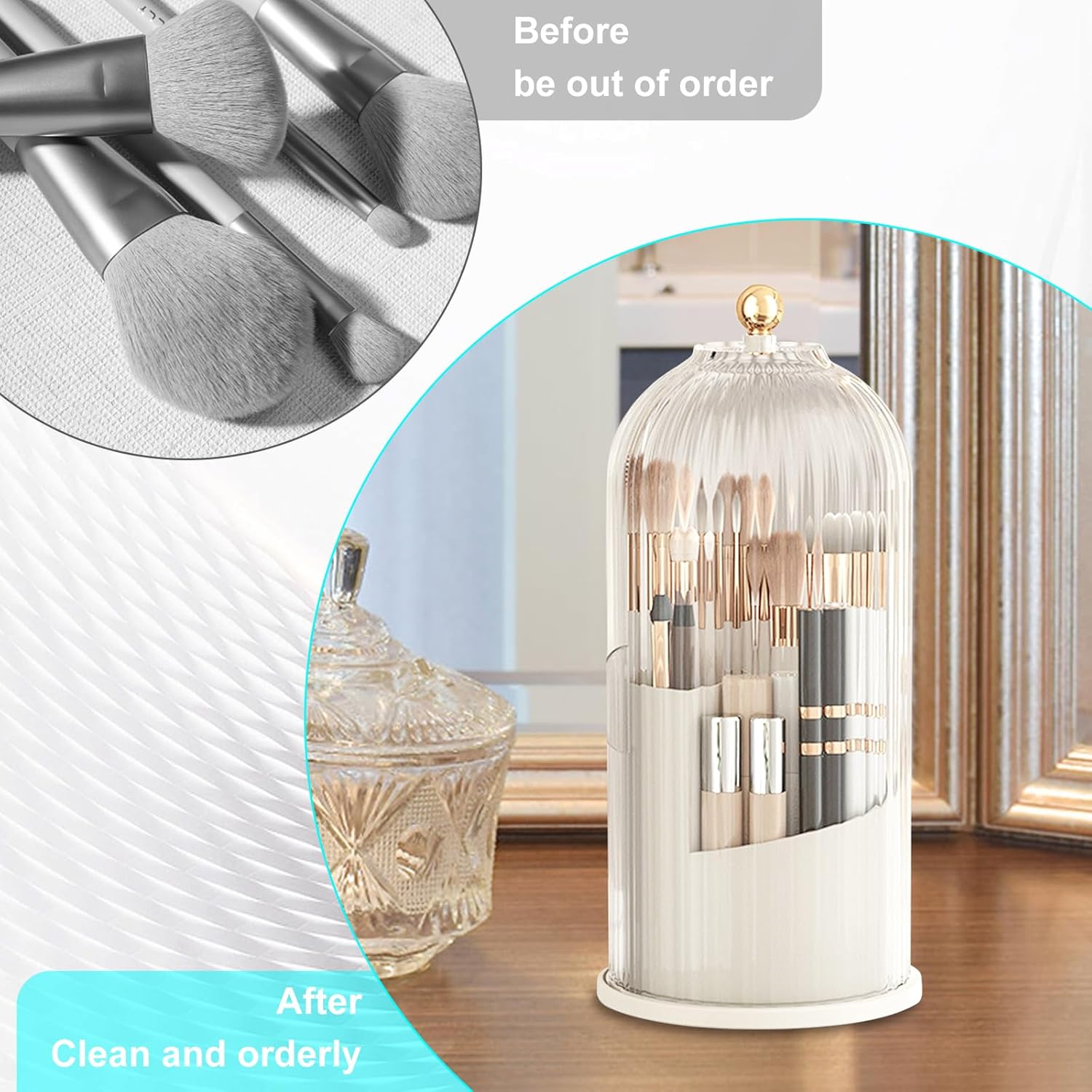 Organisateur de brosse de maquillage transparent anti-poussière rotatif à 360 ° avec couvercle pour coiffeuse salle de bain chambre (transparent) - 4