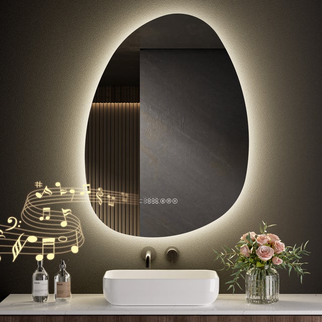 S'AFIELINA Miroir de Salle de Bain avec Éclairage Asymétrique 75 x 55 cm, 3 Couleurs de Lumière Réglables, Antibuée, Bluetooth, Horloge, Température