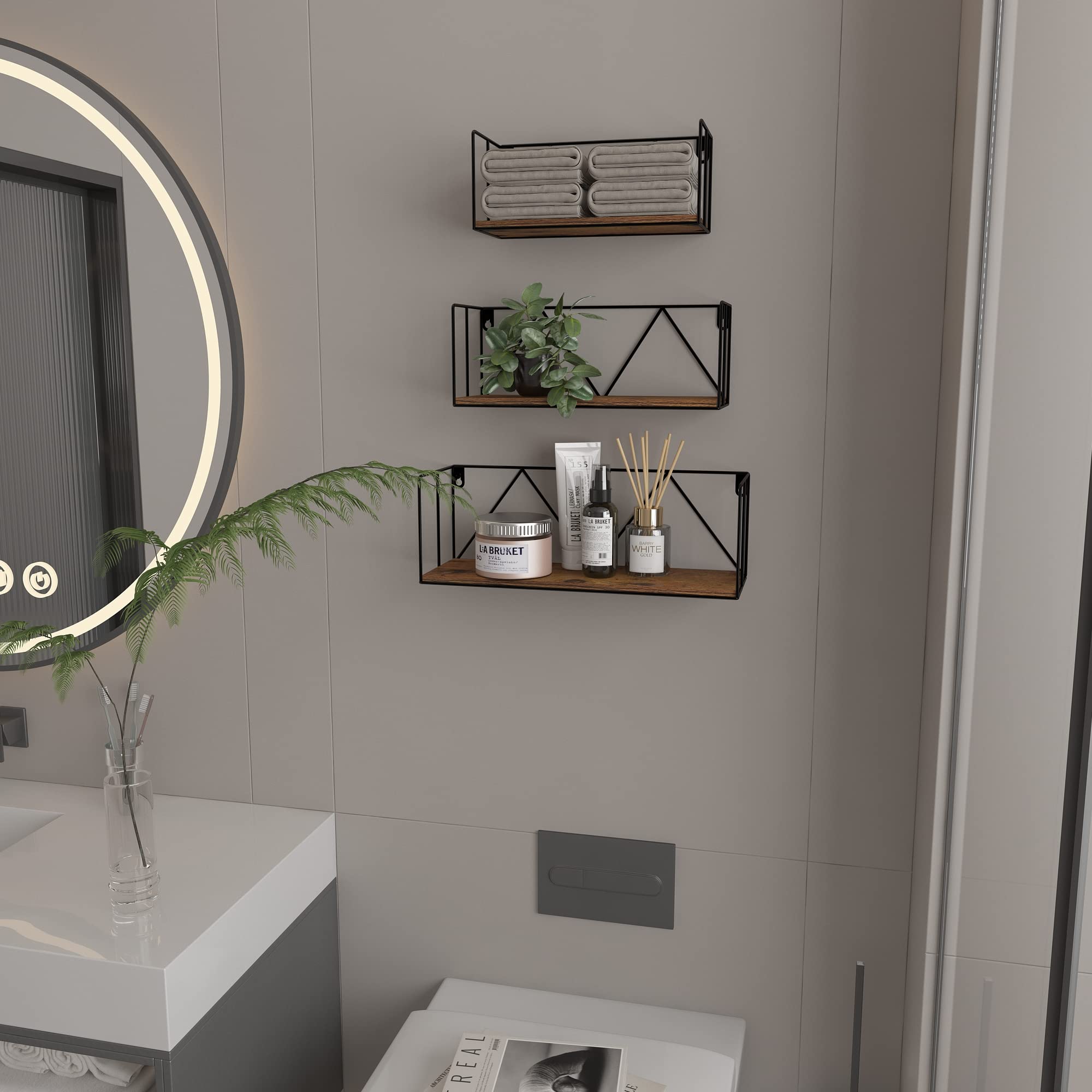 EYMPEU Mensola da Muro in Legno Rustico per Bagno, Camera da Letto, Cucina, Ufficio, 40.7 x 13.4 x 14.1 cm, Set da 3 con Misure Diverse - 2