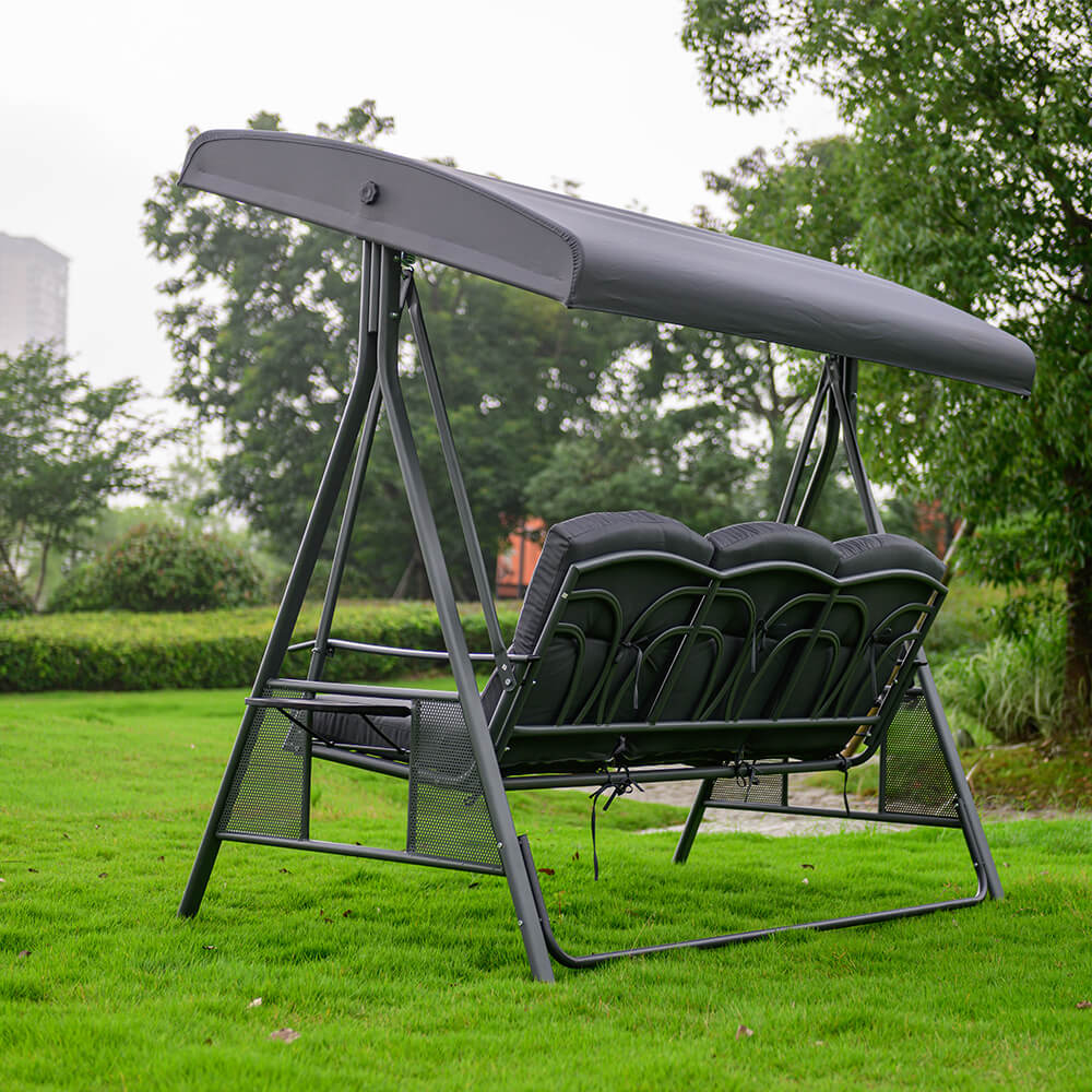 HOME DELUXE - Balancelle DESCANSO Gris - 3 places, L/H/L 115 cm x 195 cm x 198 cm, avec porte-boissons, coussins d'assise et de dossier I Chaise - 6