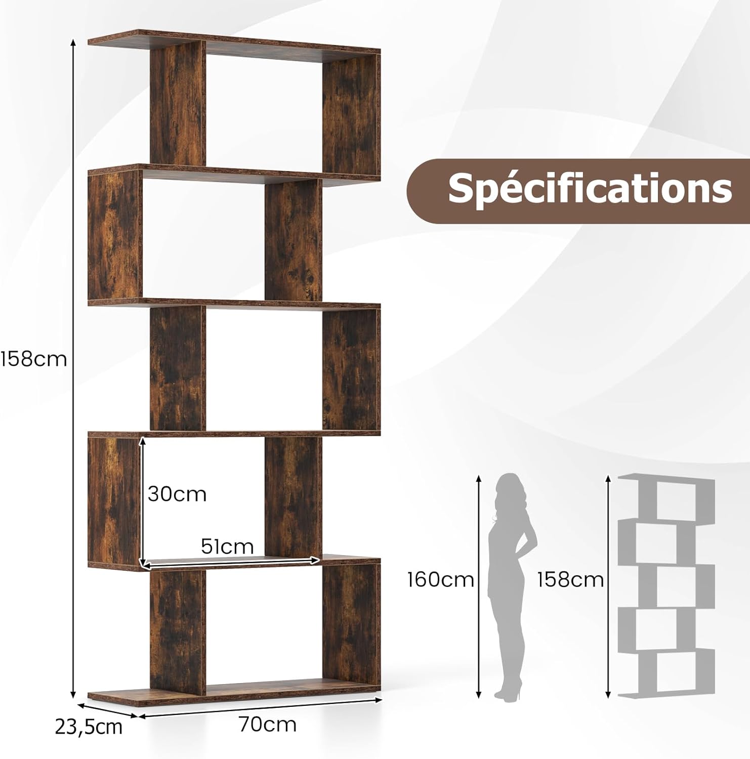Estantería, estante de almacenamiento en forma de S, estilo industrial, mueble de almacenamiento de madera versátil para salón y oficina (5 estantes, - 3
