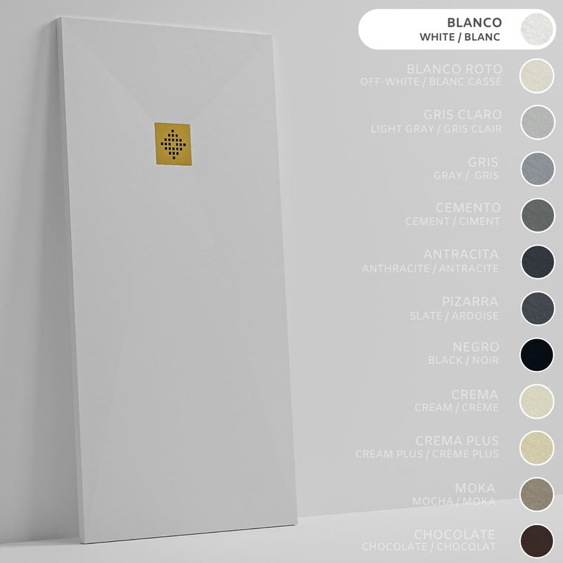 SOULHOME Brodzik prysznicowy– Żywica– Gel Coat– Gładka/Kamienna tekstura – Antypoślizgowy – biały – 80X70- Niski 3 cm– Ruszt Złoty