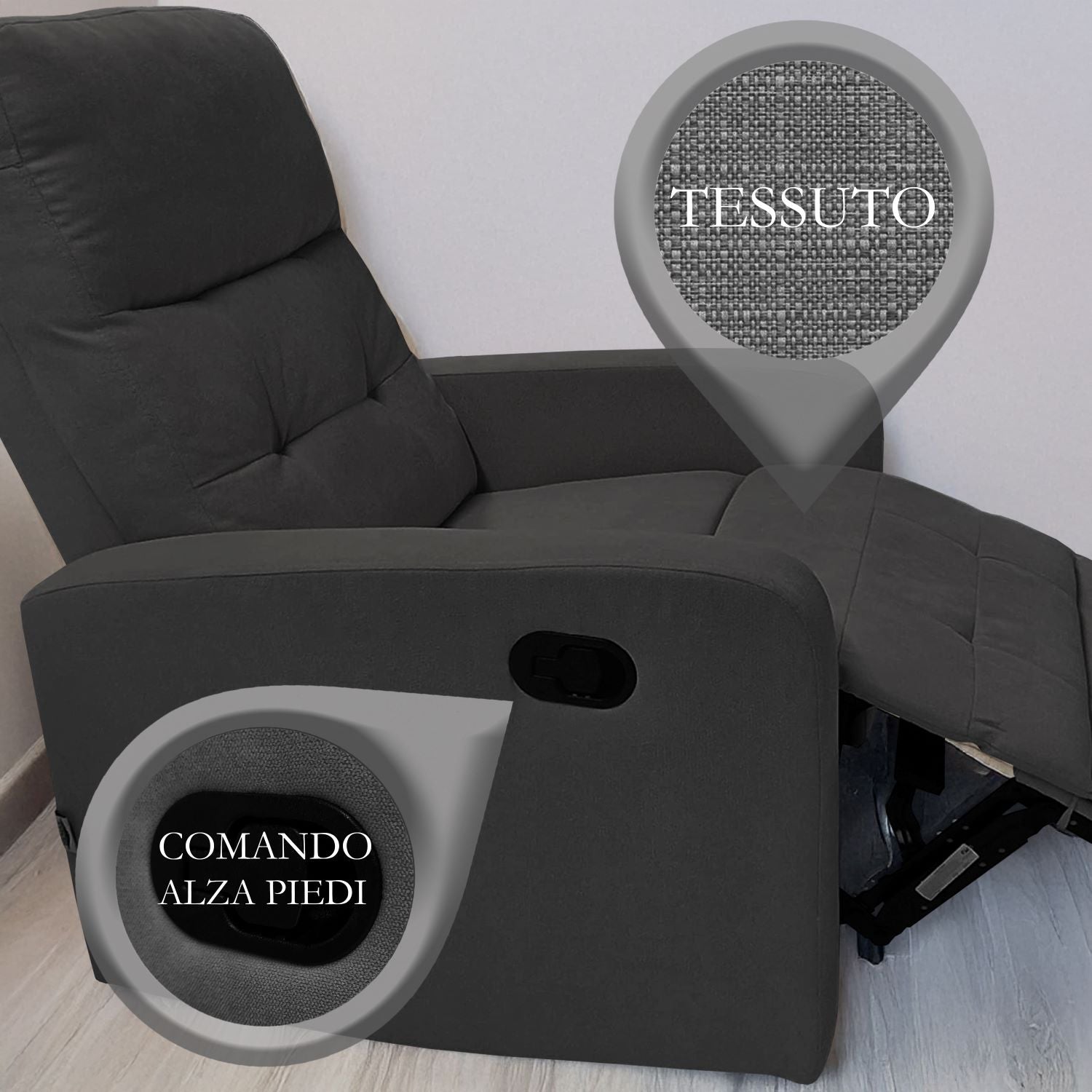 Poltrona Divanetto Relax sofa' Reclinabile con poggiapiedi in tessuto 150° con schienale Facile risalita Alzapersona per Anziani o Multiuso GRI SCURO - 5