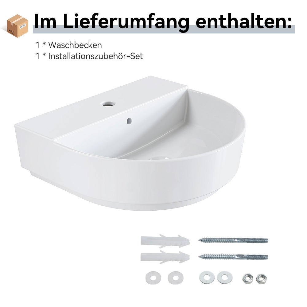 HOROW Lavabo semi-circulaire en céramique, à fixer au mur ou à poser, avec trop-plein et trou pour robinetterie, 50 x 44 cm - 8