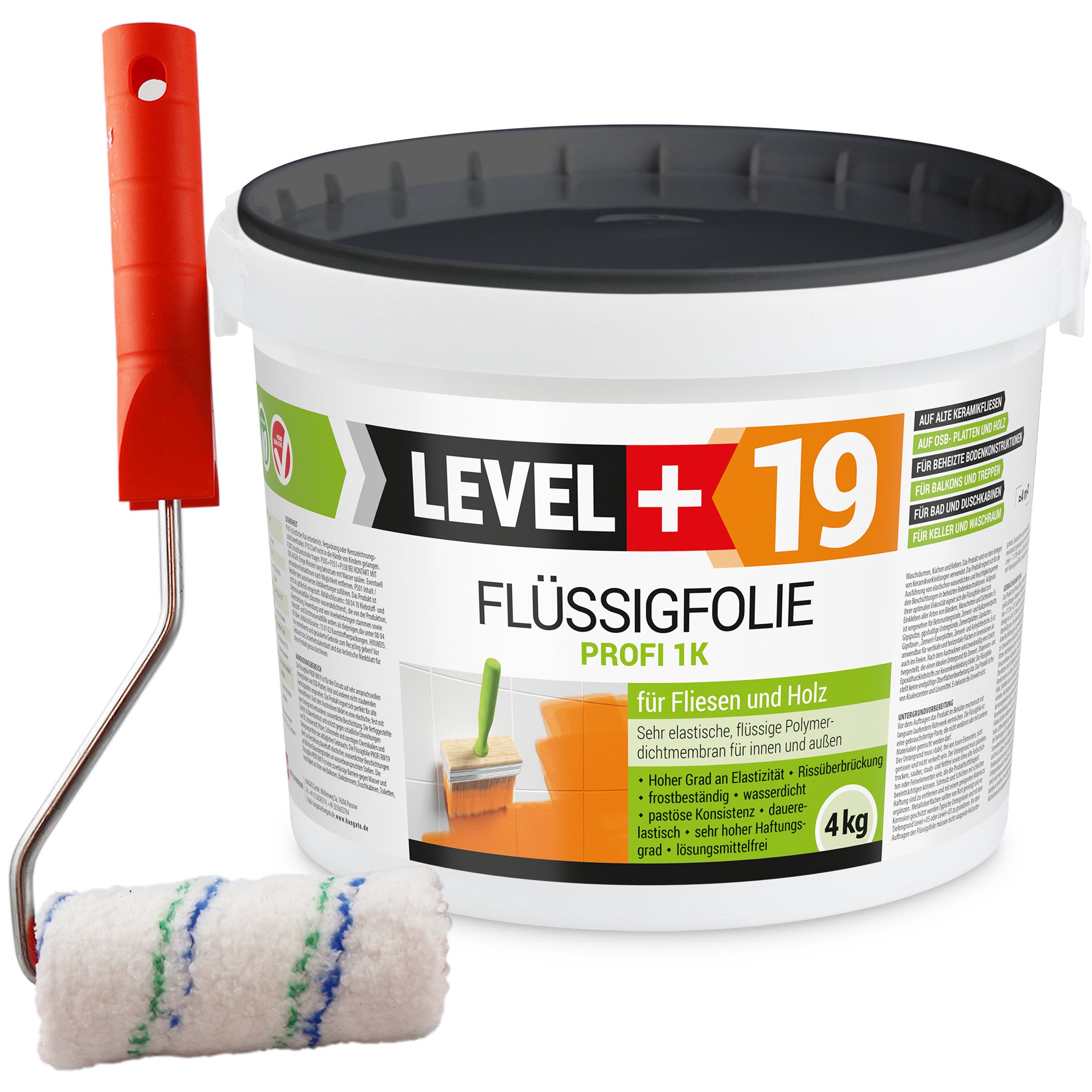 Folia w płynie zewnętrzna LEVEL+ FLÜSSIGFOLIE PROFI 1K L+19 4 kg + Wałek malarski 10 cm