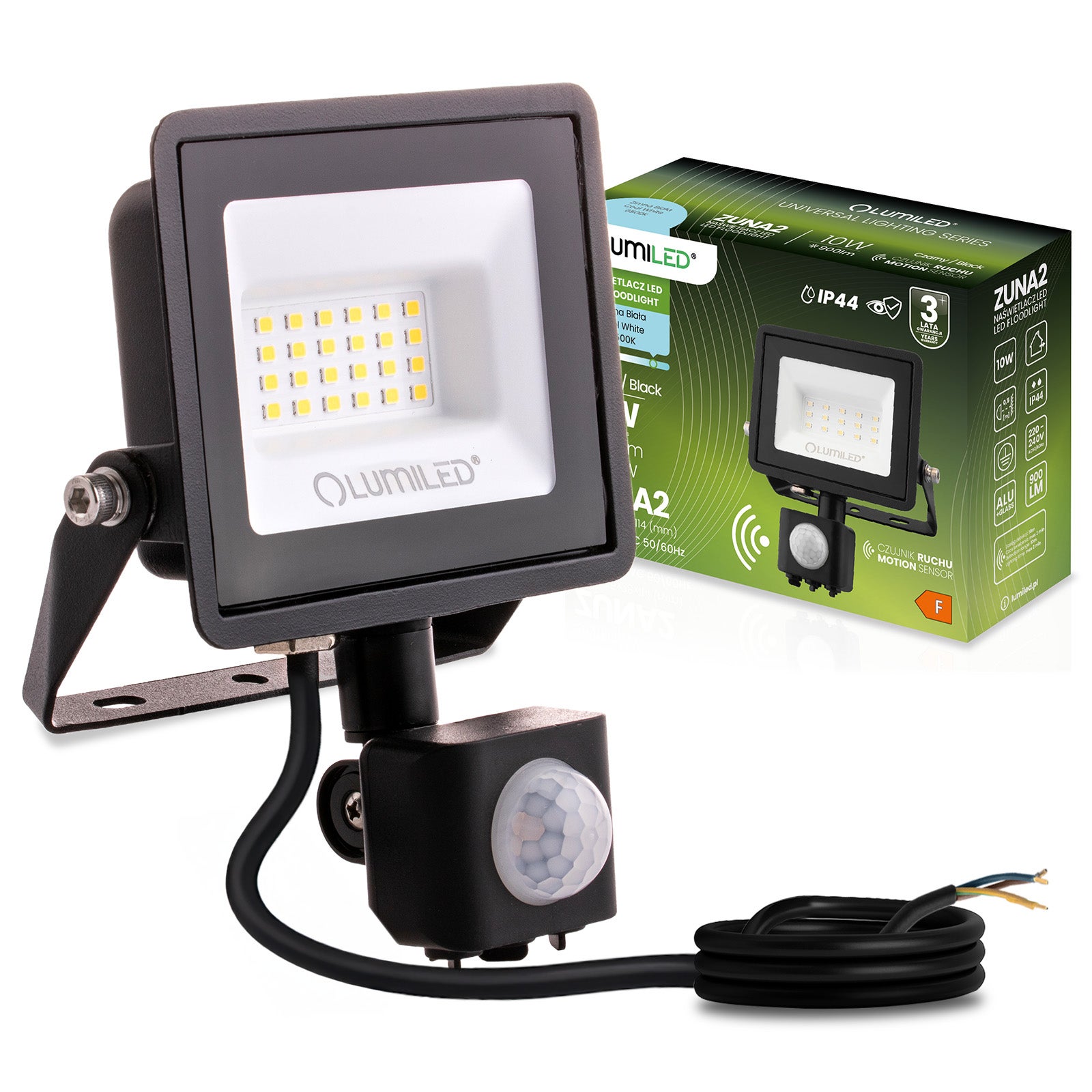 Naświetlacz LED Lumiled 20W 1800lm 6500K Zimna biel IP44 Czarny Czujnik Ruchu 1 szt.