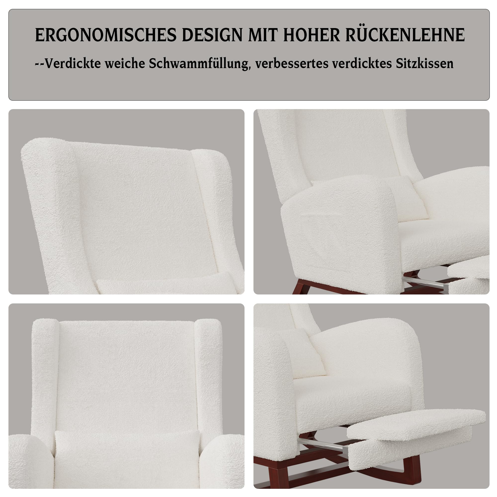 Fauteuil à Bascule Blanc, Rocking Chair, revêtement Bouclette, Fauteuil d'allaitement avec Repose-Pieds Coussin Lombaire Pieds en Bois Massif - 3