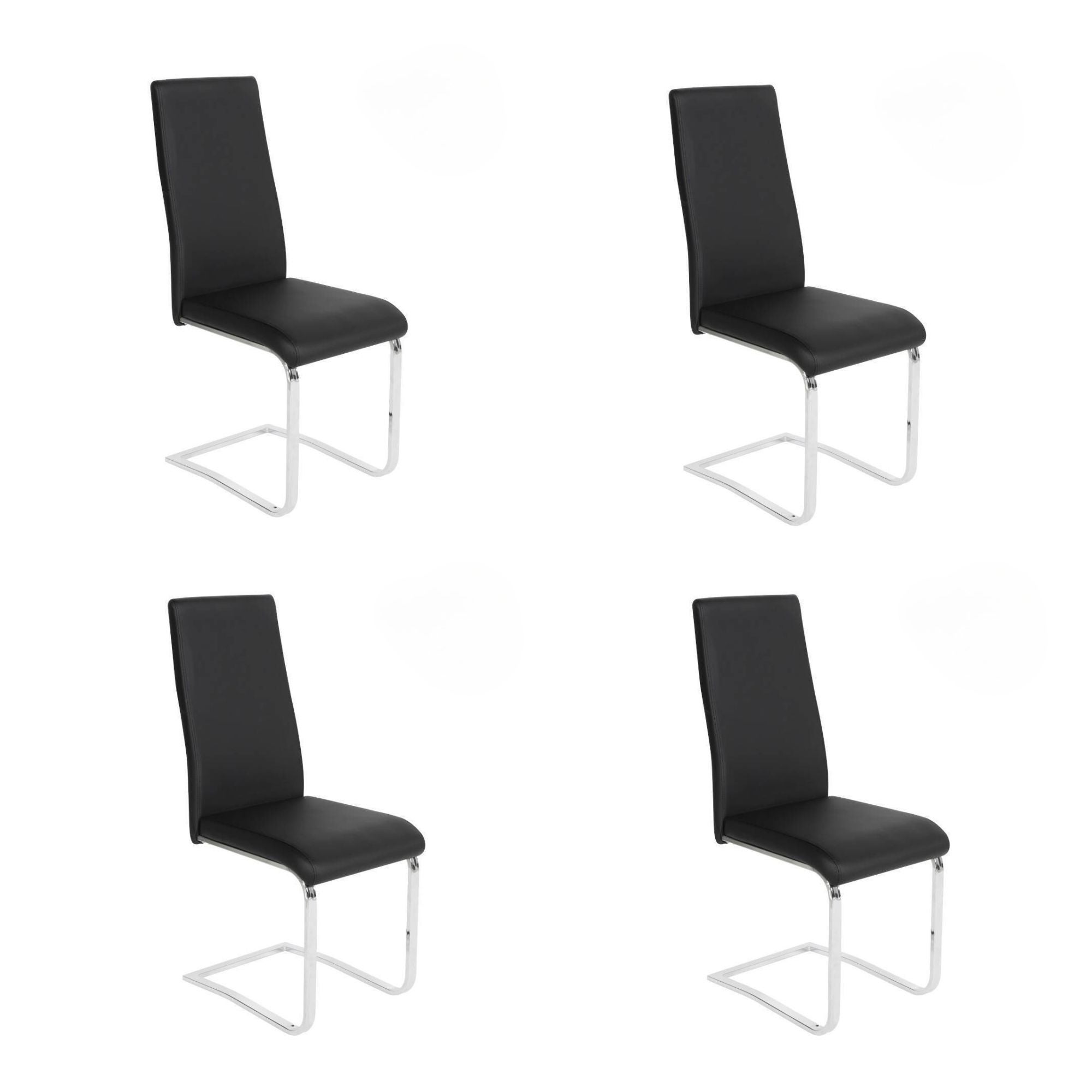 Pakiet 4 krzeseł tapicerowanych czarną sztuczną skórą z owalną rurową nogą w chromowanym wykończeniu, wymiary 46x54x110 cm