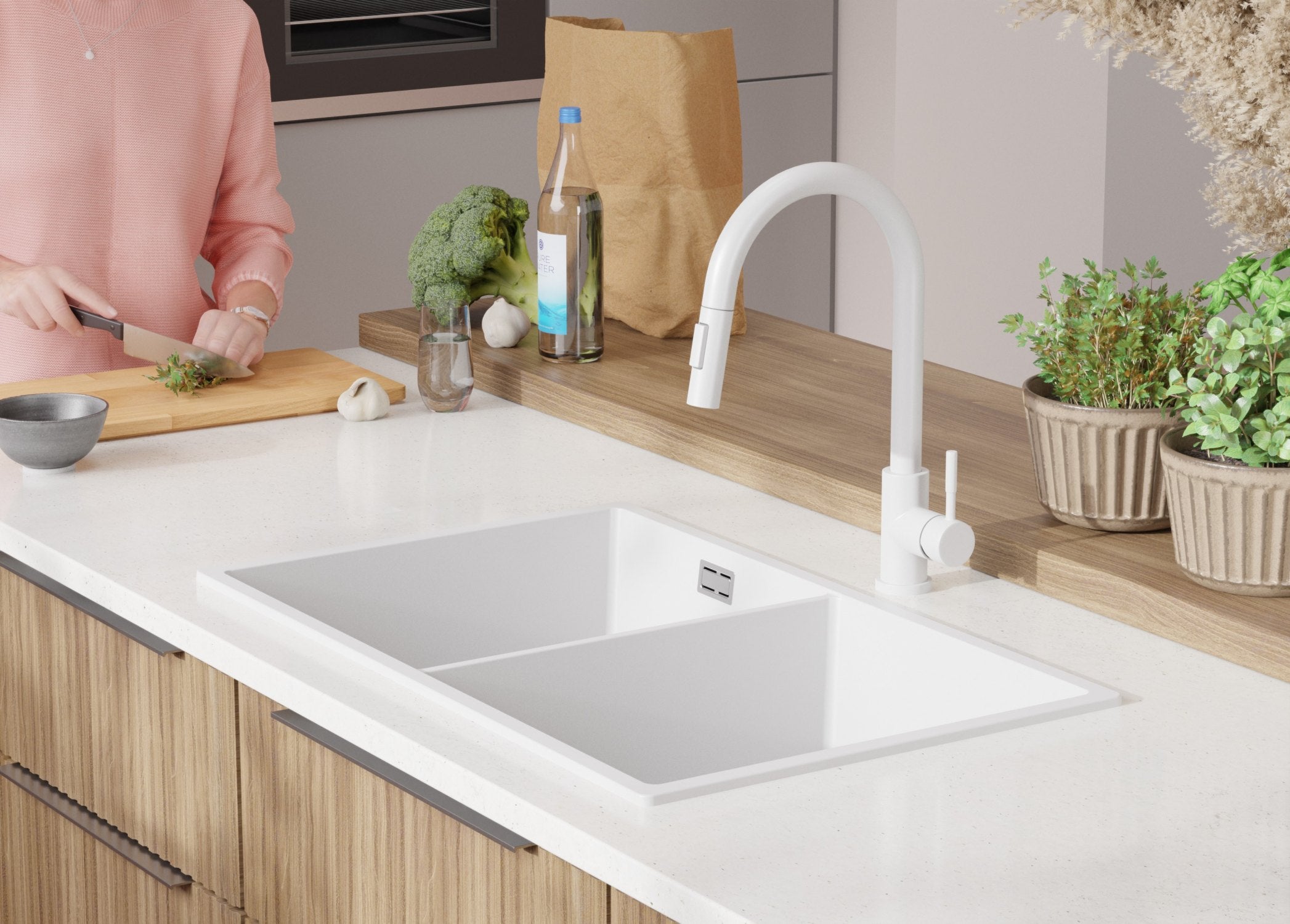 Lavandino da Cucina Bianco 76x47cm, Lavello in Granito a 2 vasche + Sifone Classico + Accessori, Lavabo da Cucina Incasso al mobile 80cm PRIMAGRAN - 9