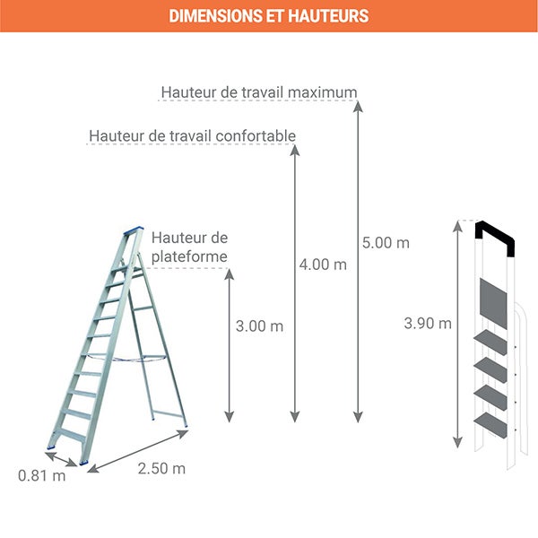 Escabeau alu 12 marches - Hauteur max. de travail 5.00m - PT12 - 2