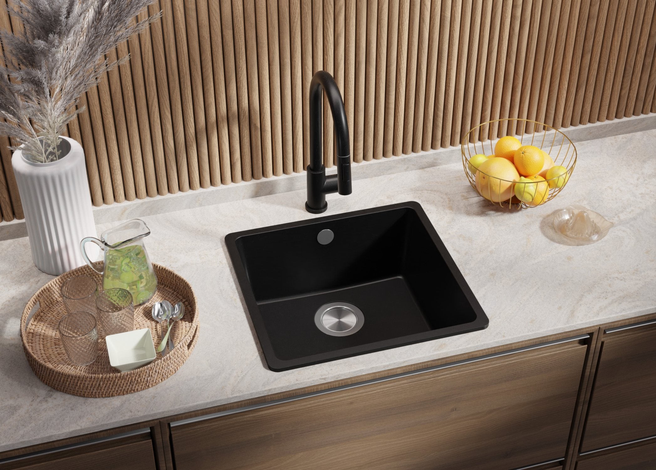 Evier Cuisine en Granit Noir 46x44cm, Lavabo 1 bac + Kit de Vidage, Évier à Encastrer au meuble 50cm - Venise Slim Easy PRIMAGRAN - 2