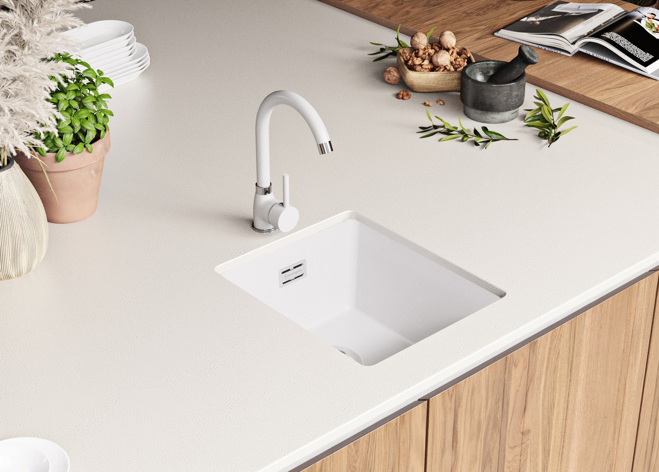 Lavello sottotop Bianco 36x47cm, Lavandino in Granito a 1 vasca + Sifone Classico, Lavabo da Cucina al mobile 40cm - London PRIMAGRAN - 8