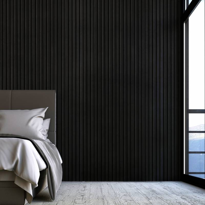 Mur TV - Lot de 5 Panneaux tasseaux bois 250 x 30 x 1,9 cm - Lamelles placage noir fond noir - 3,75m² - 4
