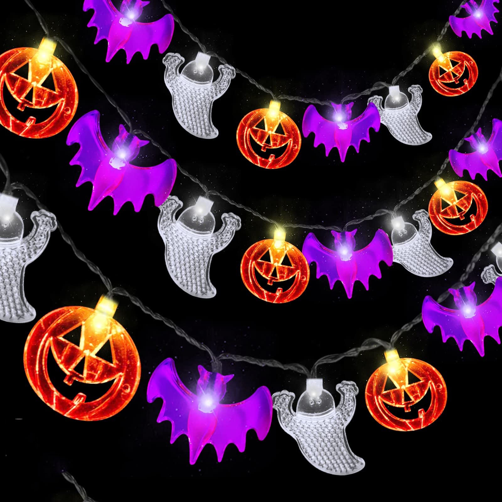 3-metrowa lampa sznurkowa Halloween z 20 diodami LED, dekoracje Halloween 3 w 1, pomarańczowa dynia, nietoperz, biały duch, lampki Halloween