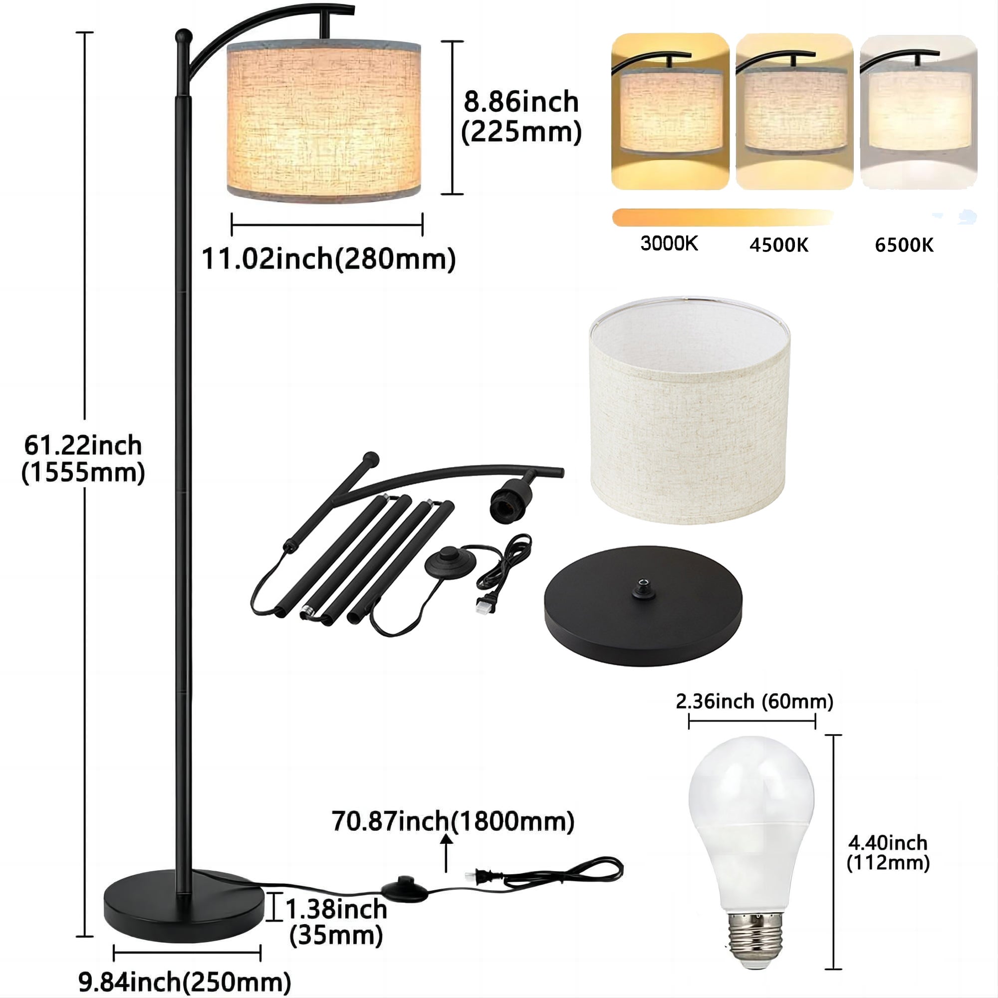 Lampadaire LED pour salon, lampadaire moderne avec abat-jour, lampes hautes avec interrupteur au pied, 3 températures de couleur (ampoule E27 incluse) - 5